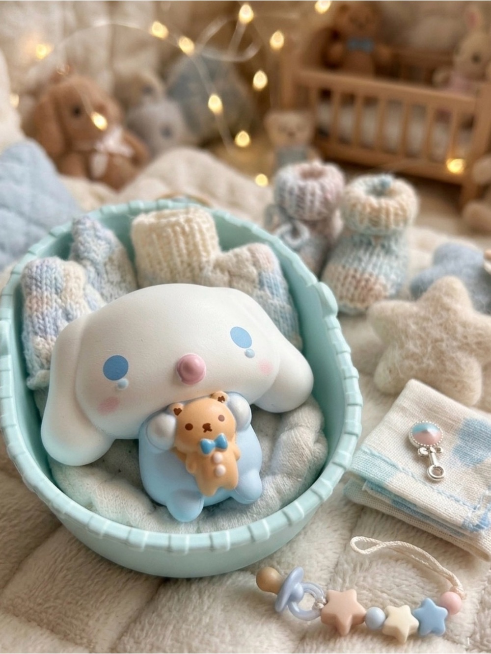 Adorable Sanrio Baby Cinnamoroll Blue & White Figure with Teddy in Basinet